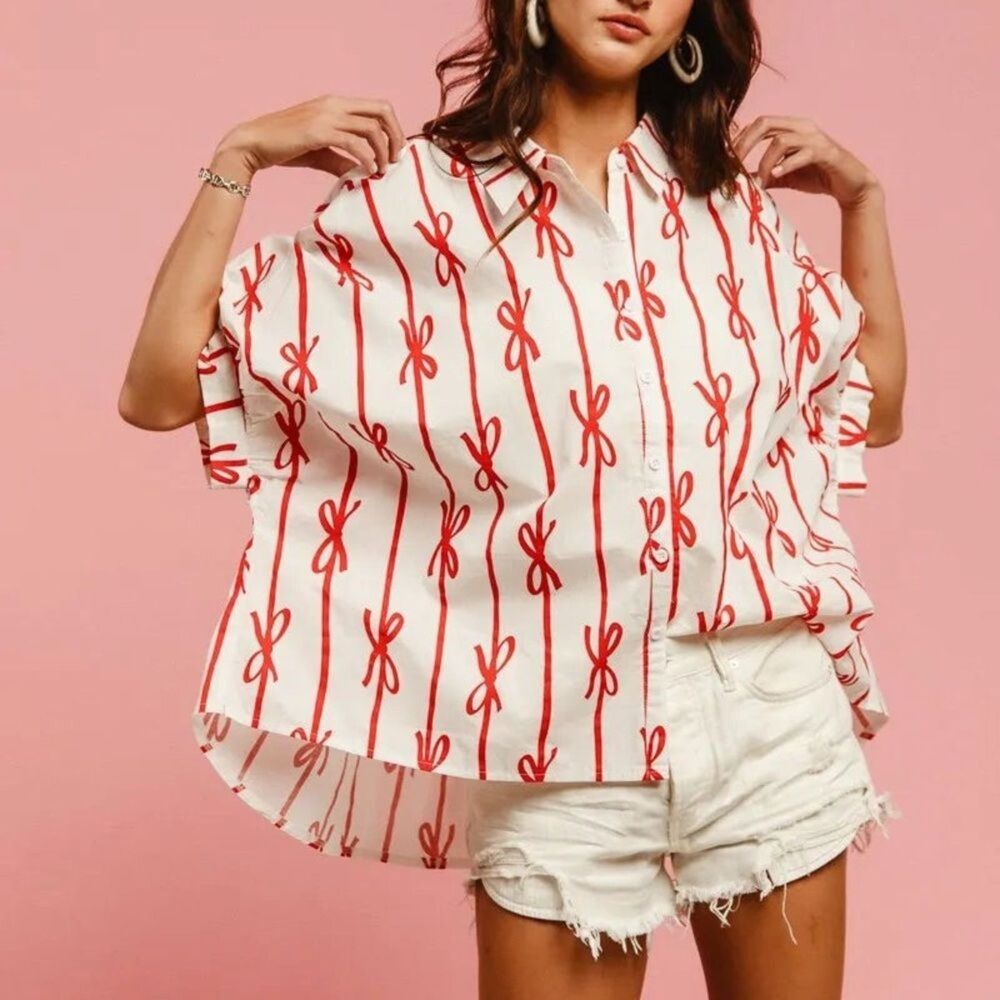BiBi White Button-Up Blouse with Red Bow Stripe Print